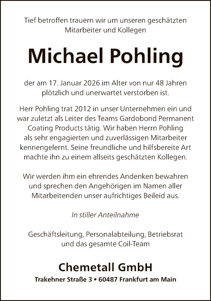  Traueranzeige für Michael Pohling vom 13.02.2026 aus FNP