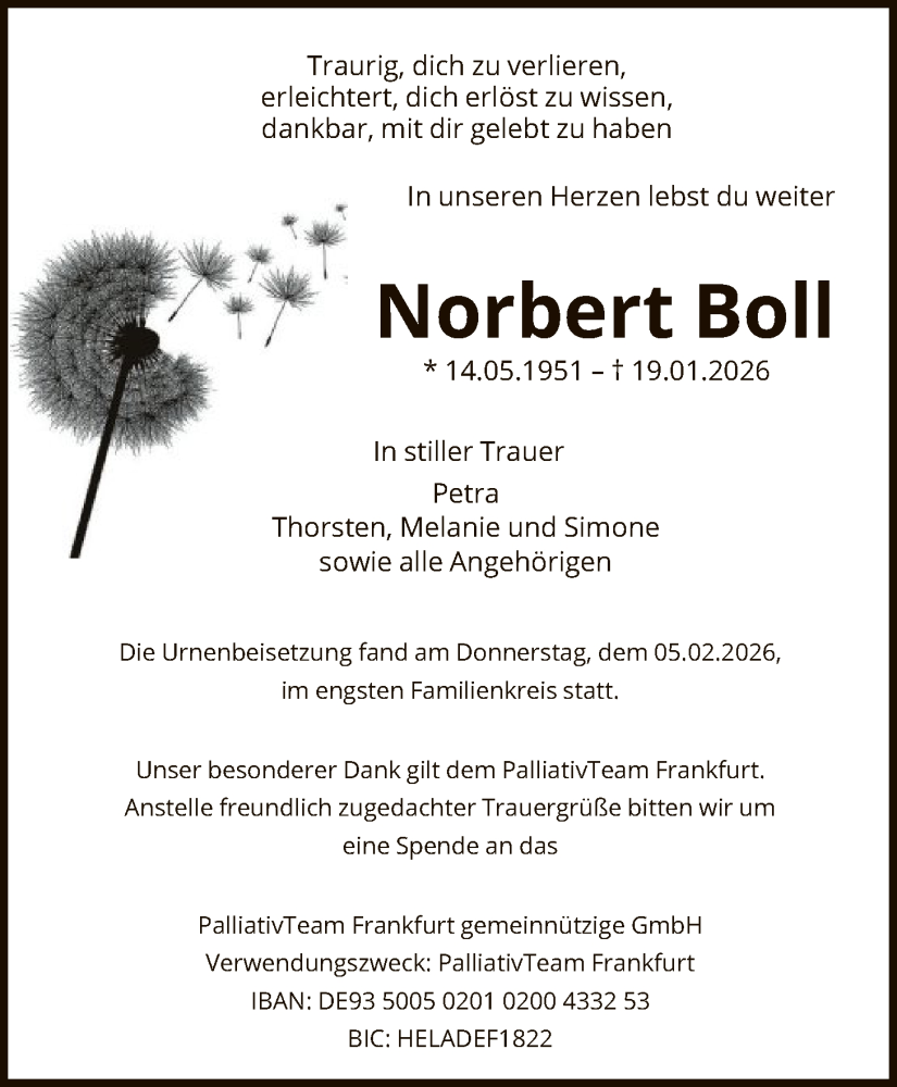  Traueranzeige für Norbert Boll vom 14.02.2026 aus FNP