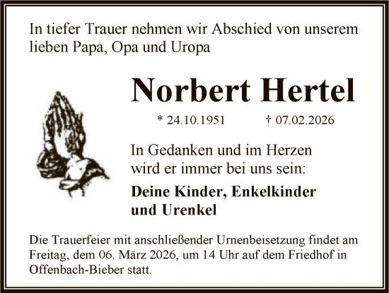 Traueranzeige von Norbert Hertel von OFOP