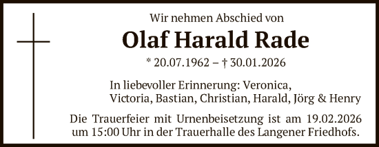 Traueranzeige von Olaf Harald Rade von OF0W