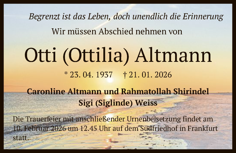  Traueranzeige für Ottilia Altmann vom 04.02.2026 aus FNP