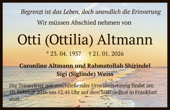 Traueranzeige von Ottilia Altmann von FNP