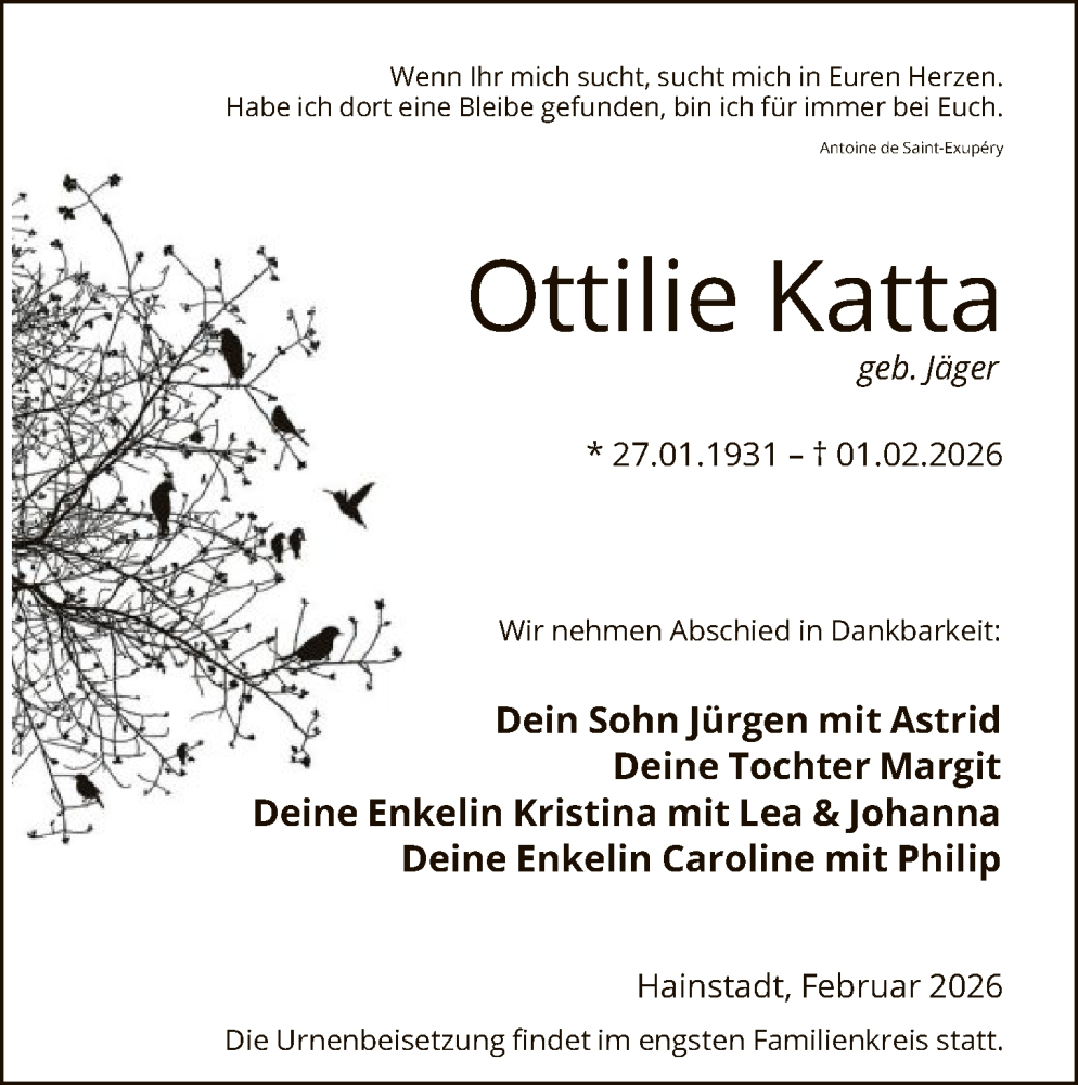  Traueranzeige für Ottilie Katta vom 07.02.2026 aus OF0L