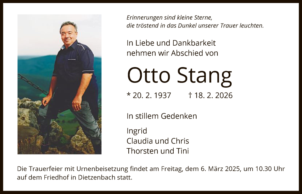  Traueranzeige für Otto Stang vom 28.02.2026 aus OF0L