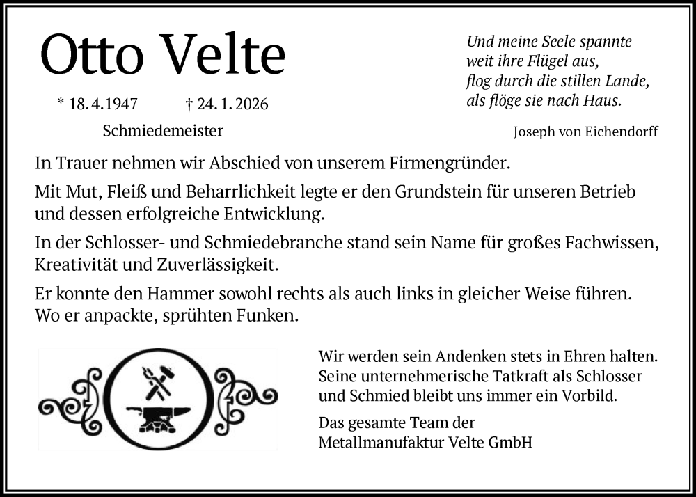  Traueranzeige für Otto Velte vom 07.02.2026 aus FNP