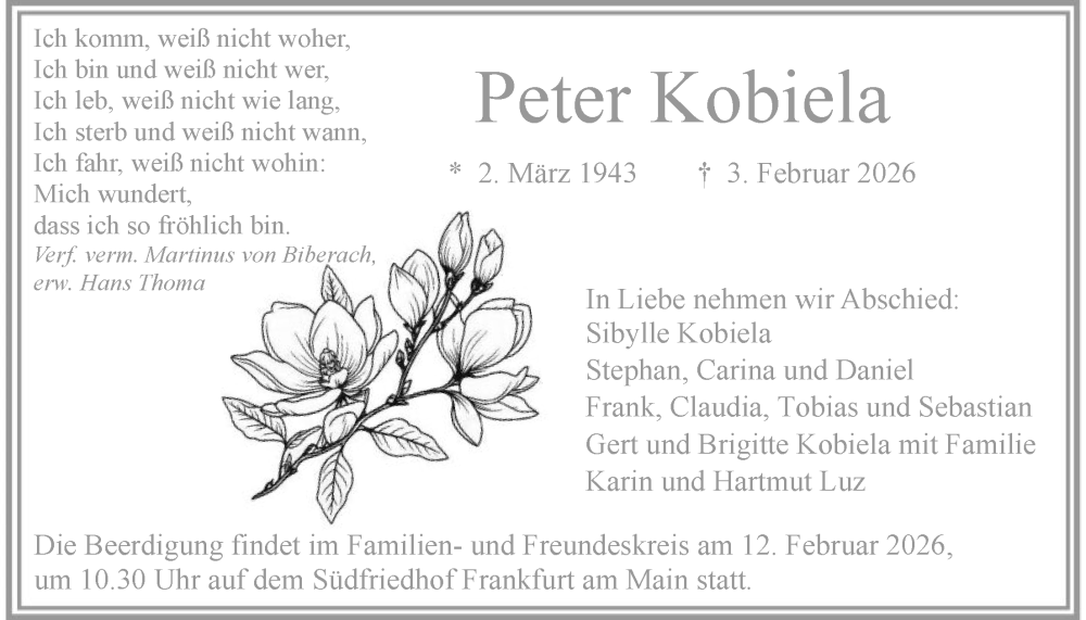  Traueranzeige für Peter Kobiela vom 07.02.2026 aus FNP