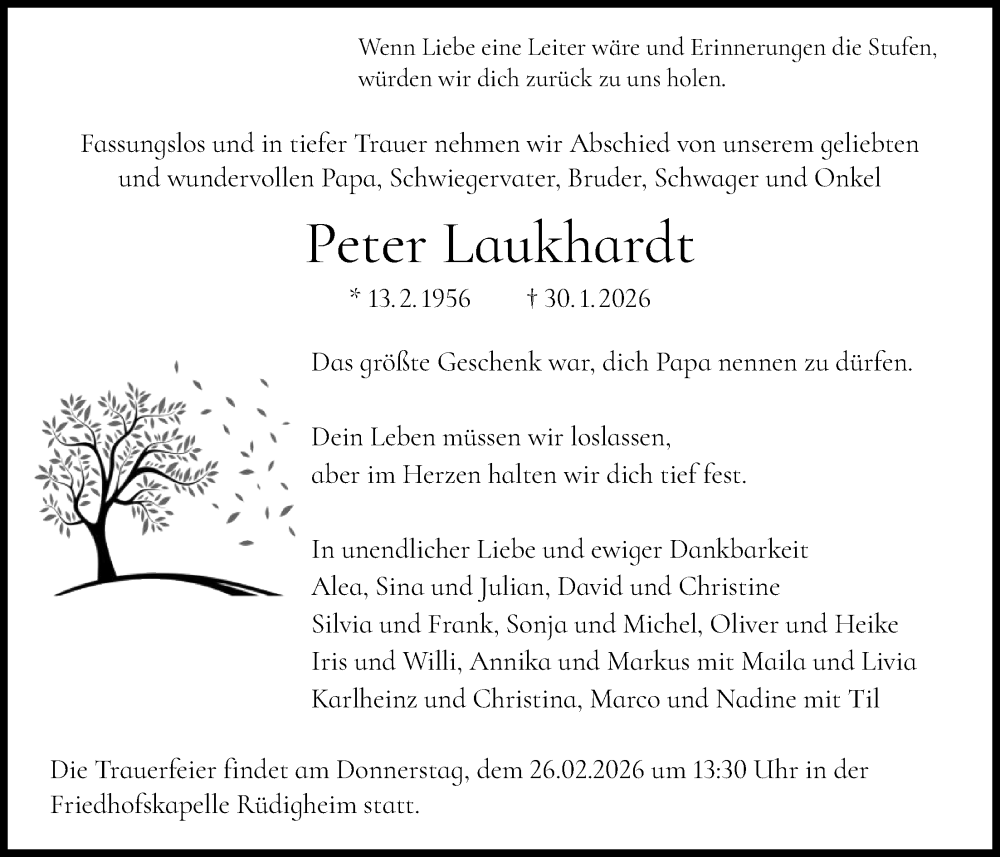 Traueranzeige für Peter Laukhardt vom 21.02.2026 aus OFHA