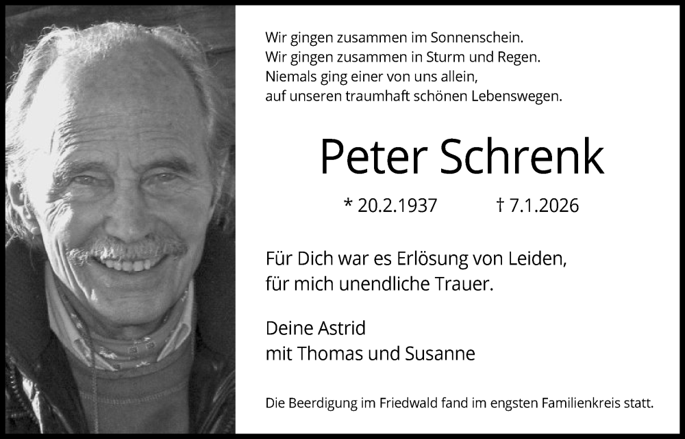  Traueranzeige für Peter Schrenk vom 07.02.2026 aus FNP