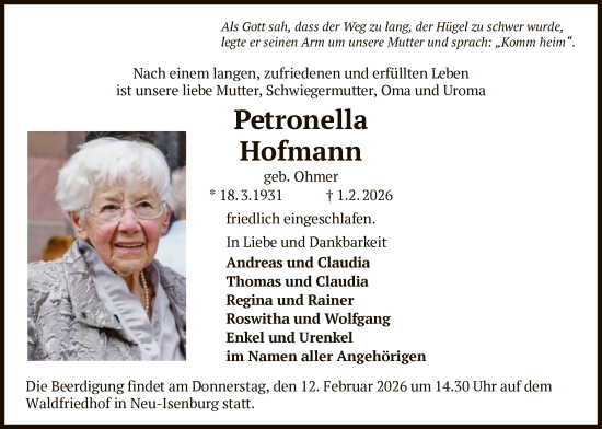 Traueranzeige von Petronella Hofmann von OF0W