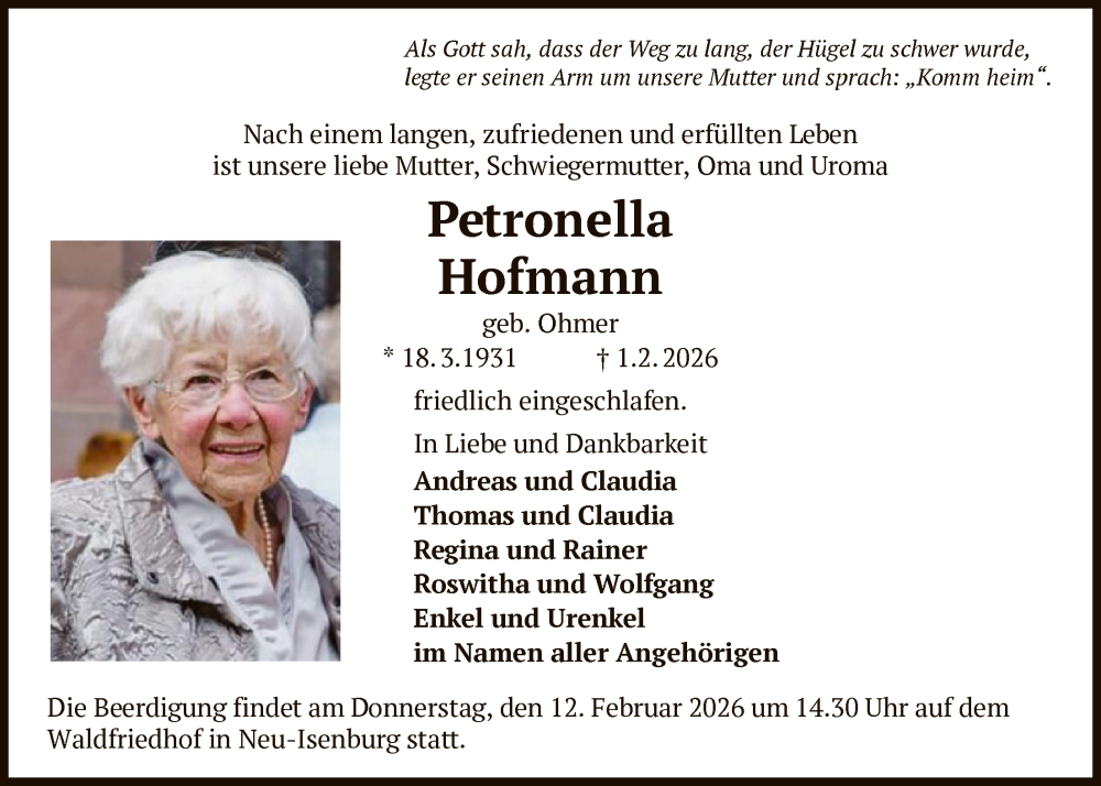  Traueranzeige für Petronella Hofmann vom 07.02.2026 aus OF0W