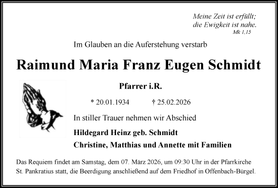 Traueranzeige von Raimund Maria Franz Eugen Schmidt von OFOP