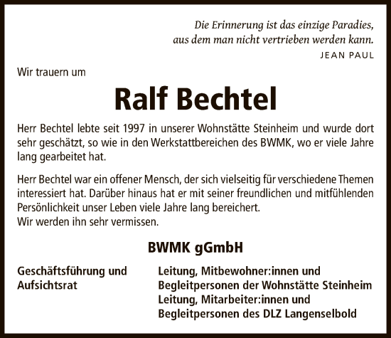 Traueranzeige von Ralf Bechtel von OFHA