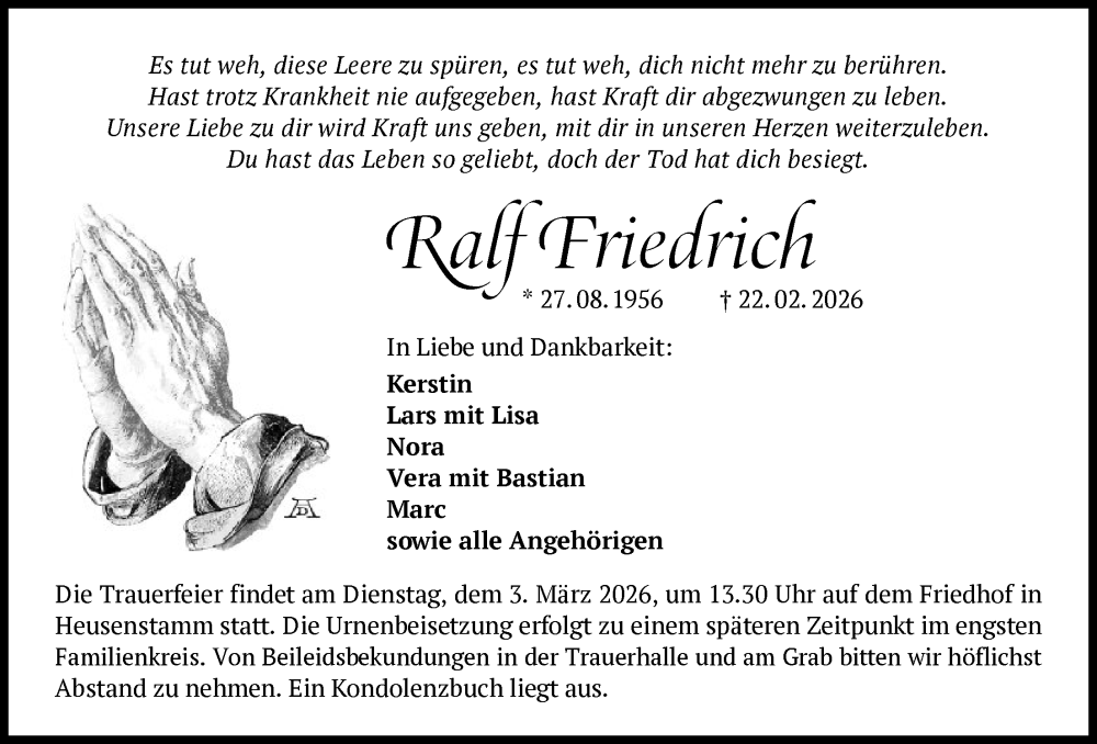  Traueranzeige für Ralf Friedrich vom 28.02.2026 aus OFOP
