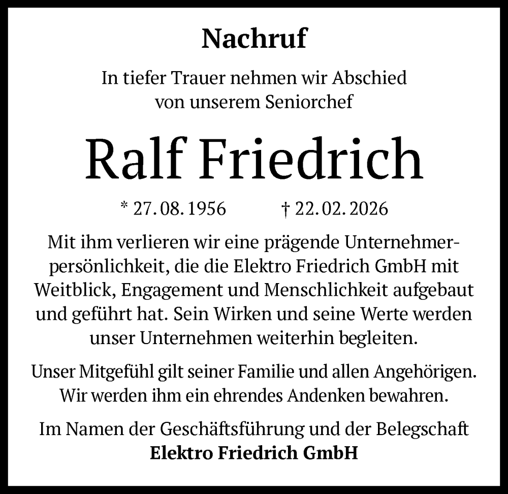  Traueranzeige für Ralf Friedrich vom 27.02.2026 aus OFOPOF0T
