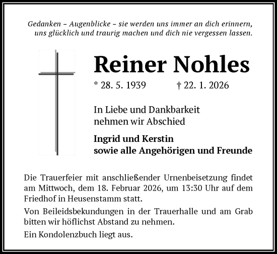 Traueranzeige von Reiner Nohles von OFOP