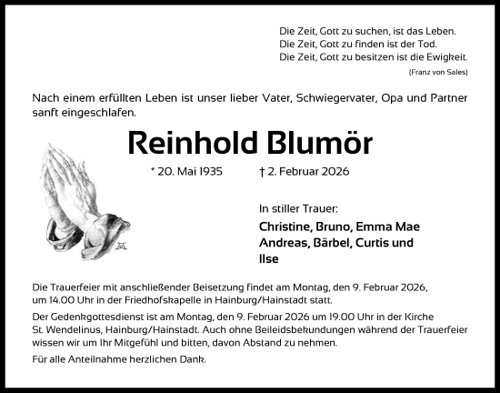 Traueranzeige von Reinhold Blumör von OFOP