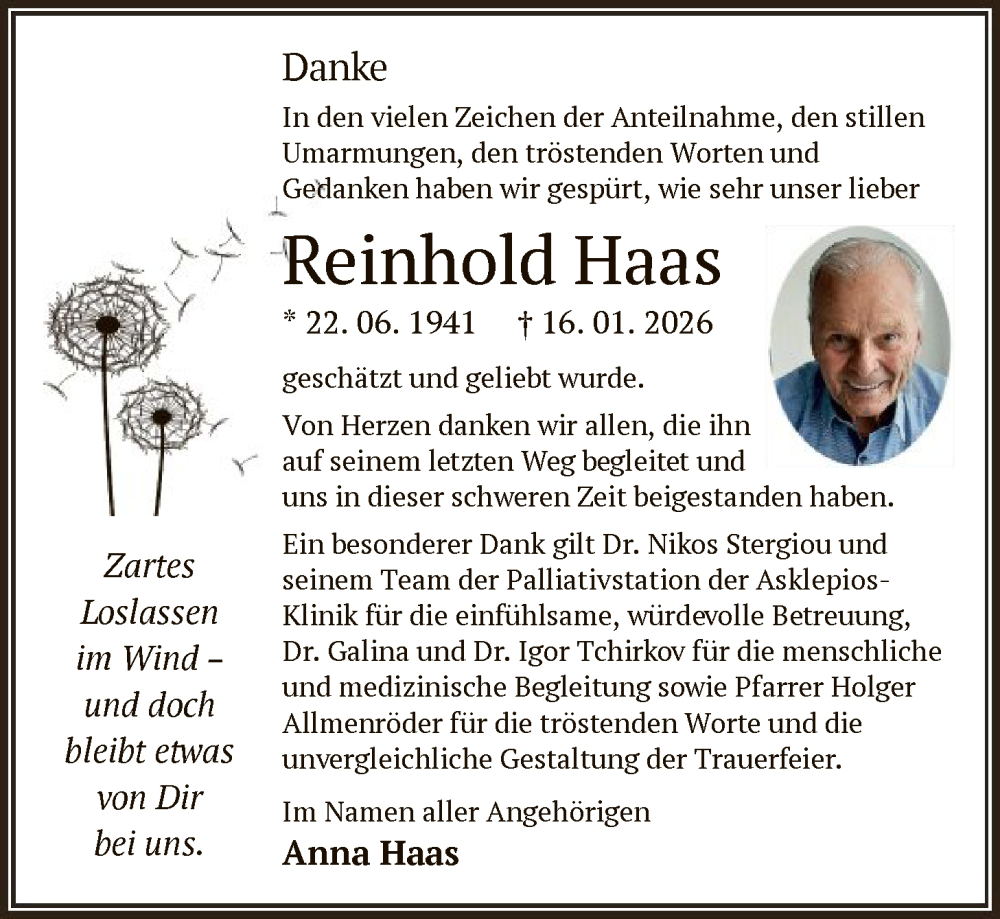  Traueranzeige für Reinhold Haas vom 14.02.2026 aus OF0L