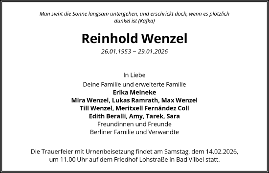 Traueranzeige von Reinhold Wenzel von FNP