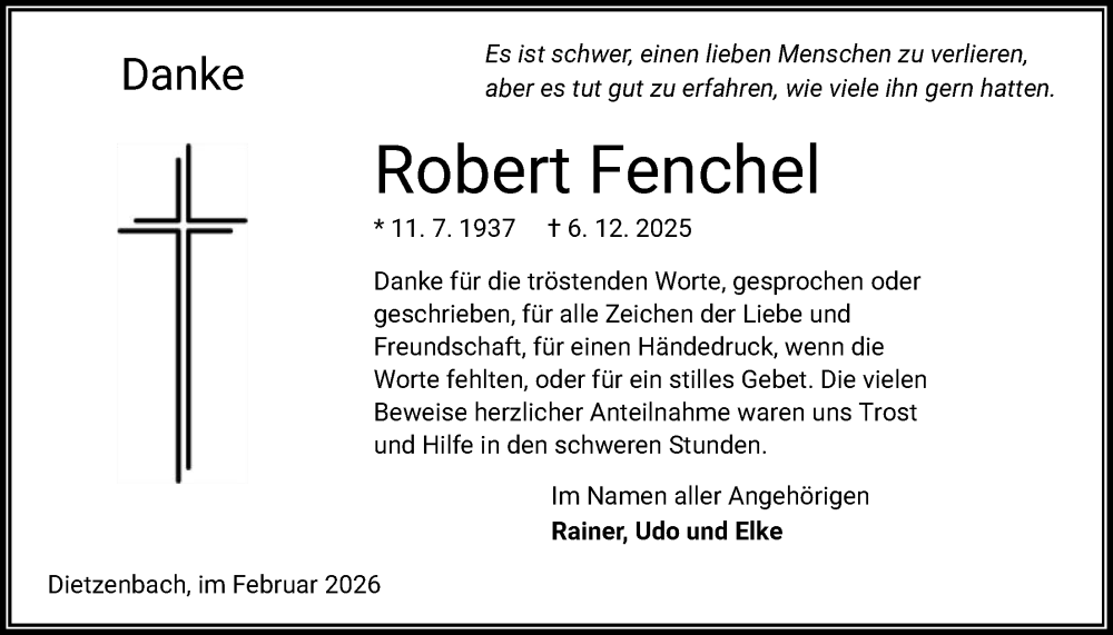  Traueranzeige für Robert Fenchel vom 07.02.2026 aus OFOP