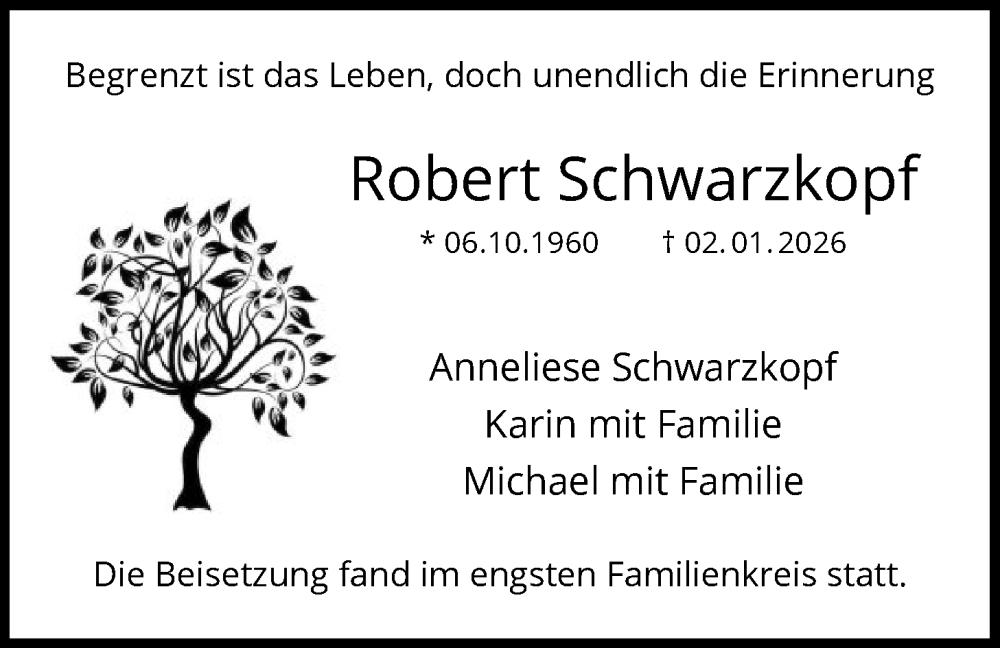  Traueranzeige für Robert Schwarzkopf vom 03.02.2026 aus OFOP