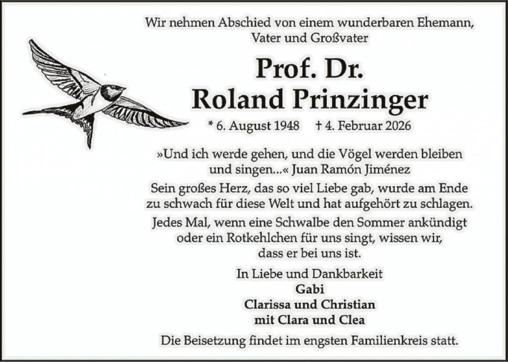  Traueranzeige für Roland Prinzinger vom 21.02.2026 aus FNP