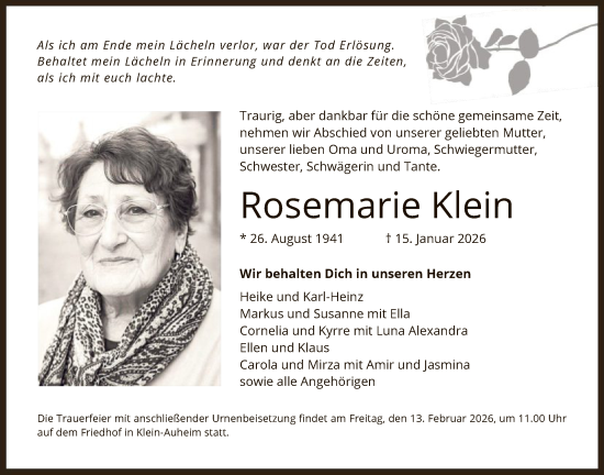 Traueranzeige von Rosemarie Klein von OF0L