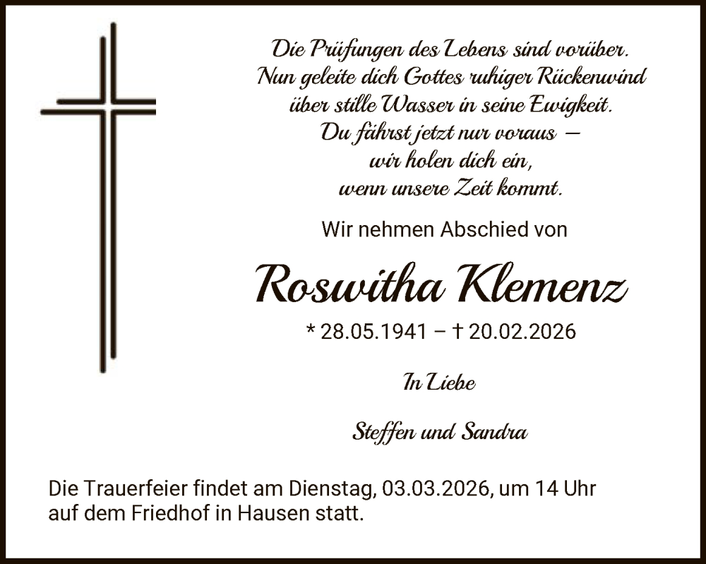  Traueranzeige für Roswitha Klemenz vom 28.02.2026 aus OFOP