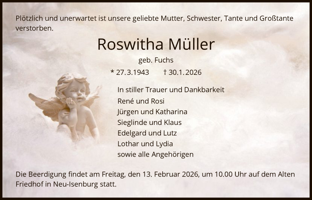  Traueranzeige für Roswitha Müller vom 07.02.2026 aus FNP