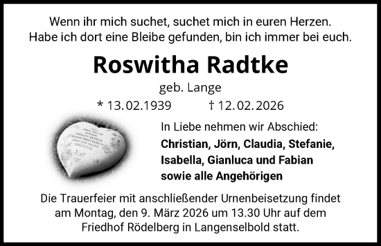 Traueranzeige von Roswitha Radtke von OFHA