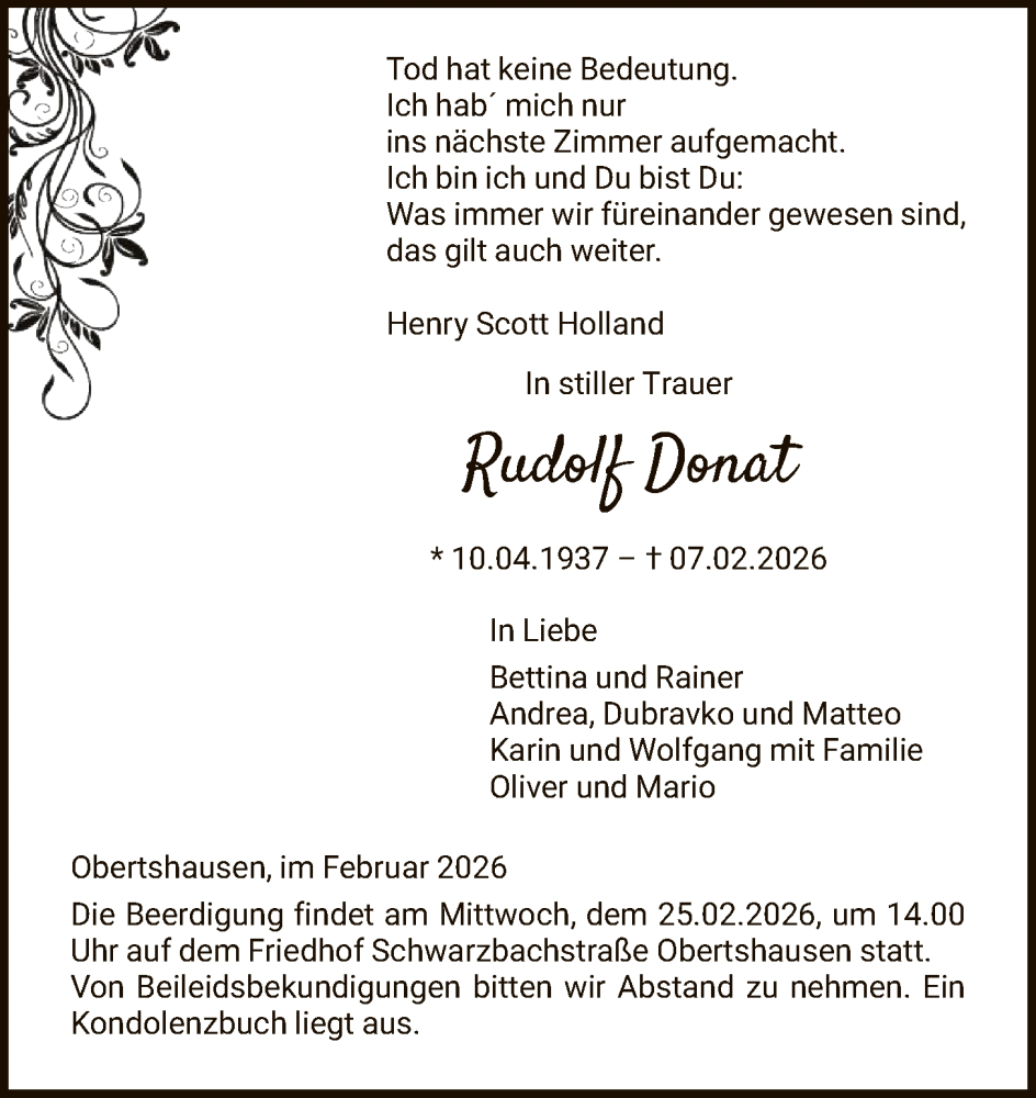  Traueranzeige für Rudolf Donat vom 21.02.2026 aus OFOP