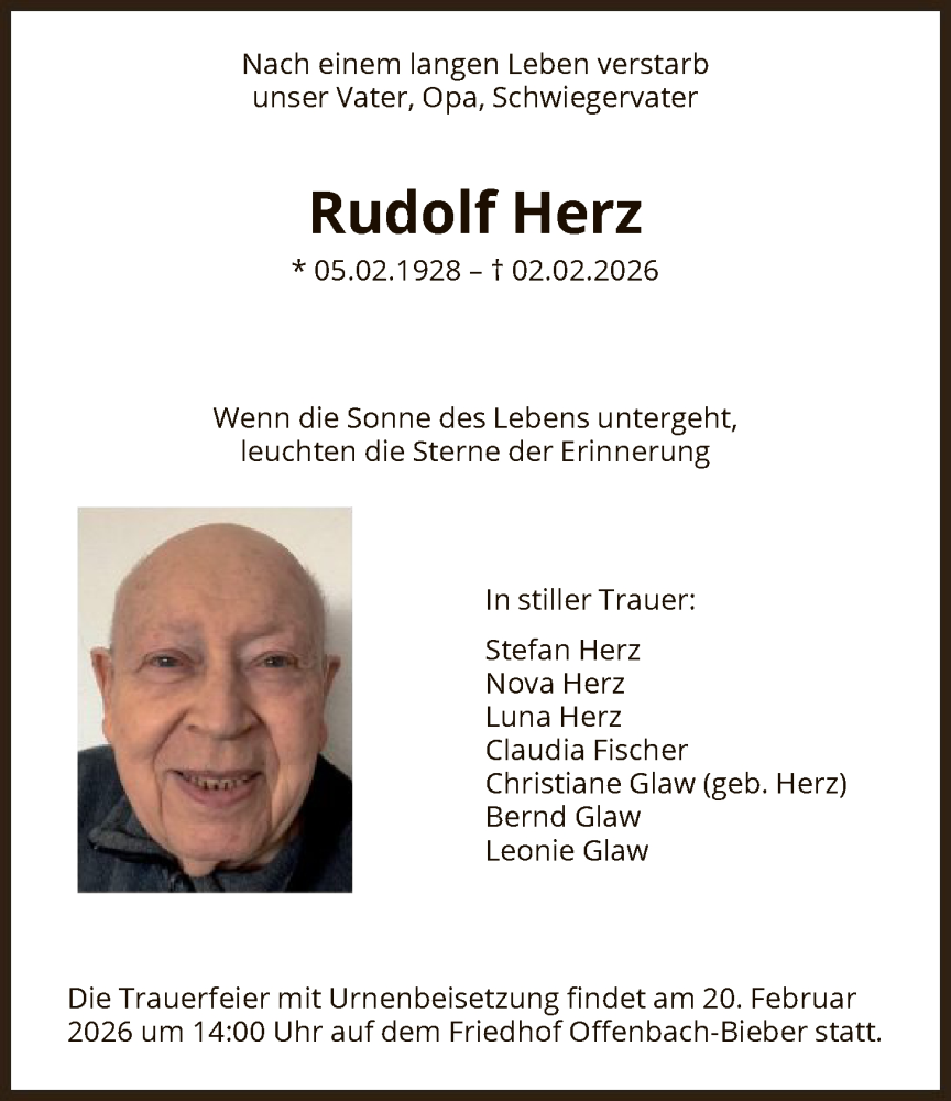 Traueranzeige für Rudolf Herz vom 14.02.2026 aus OFOP