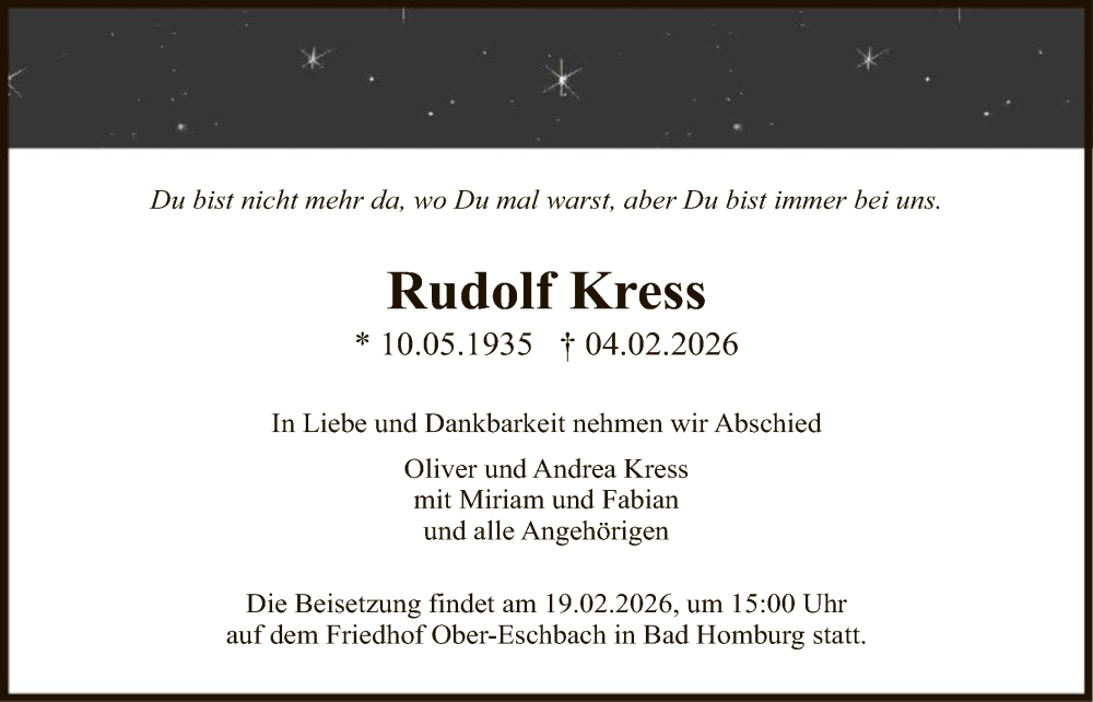  Traueranzeige für Rudolf Kress vom 14.02.2026 aus FNP