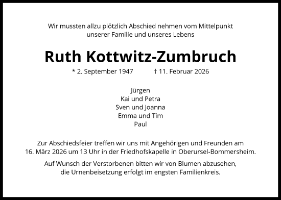 Traueranzeige von Ruth Kottwitz-Zumbruch von FNP