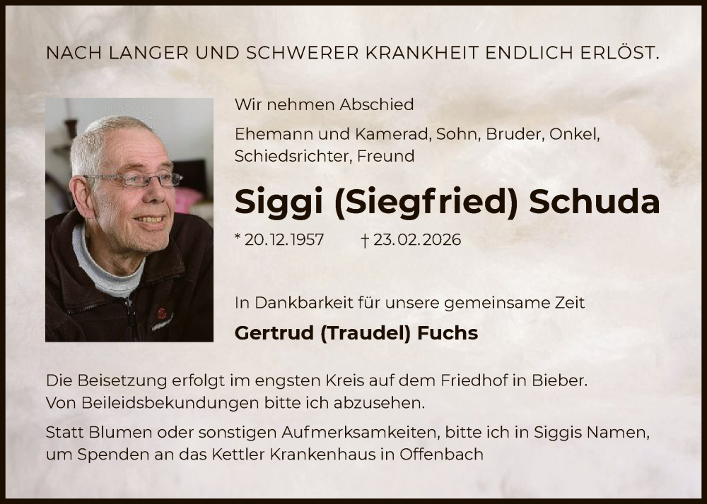 Traueranzeige für Siegfried Schuda vom 28.02.2026 aus OFOP