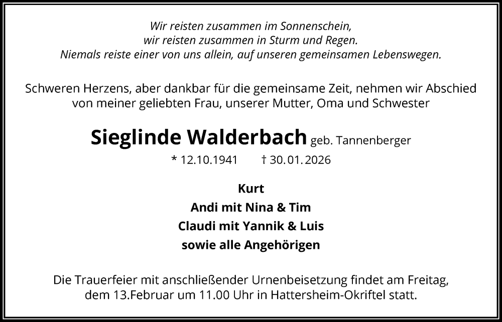  Traueranzeige für Sieglinde Walderbach vom 06.02.2026 aus FNP