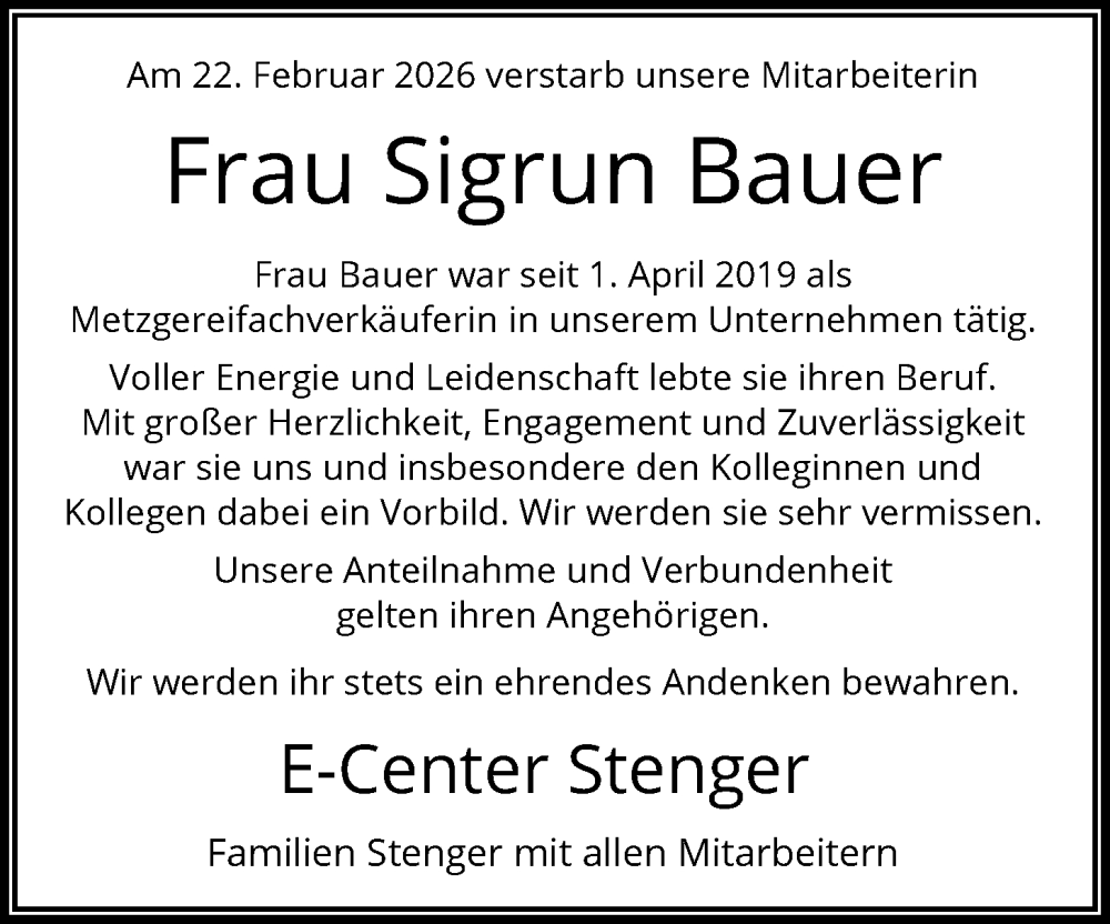  Traueranzeige für Sigrun Bauer vom 28.02.2026 aus OFOP