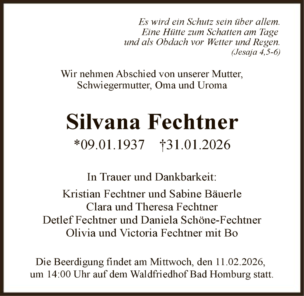  Traueranzeige für Silvana Fechtner vom 07.02.2026 aus FNP