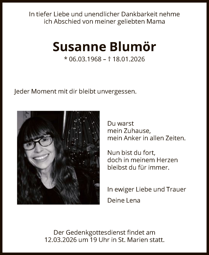  Traueranzeige für Susanne Blumör vom 28.02.2026 aus OF0L