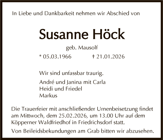 Traueranzeige von Susanne Höck von FNP