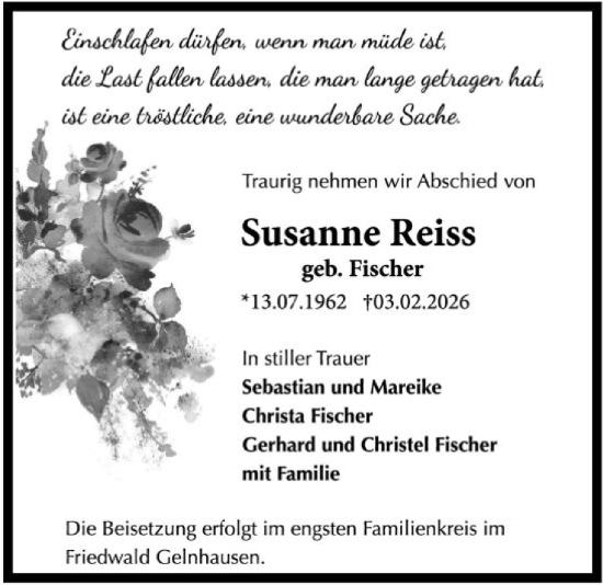 Traueranzeige von Susanne Reiss von OFHA