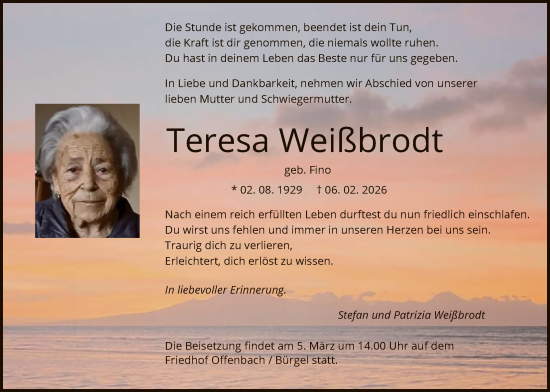 Traueranzeige von Teresa Weißbrodt von OFOP