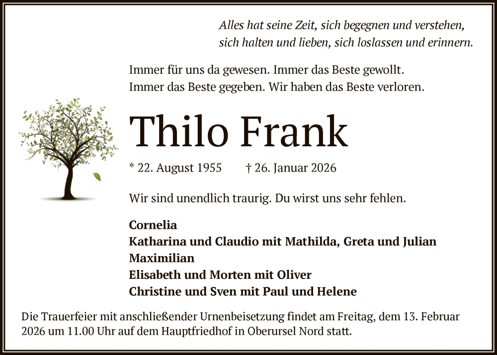  Traueranzeige für Thilo Frank vom 07.02.2026 aus FNP