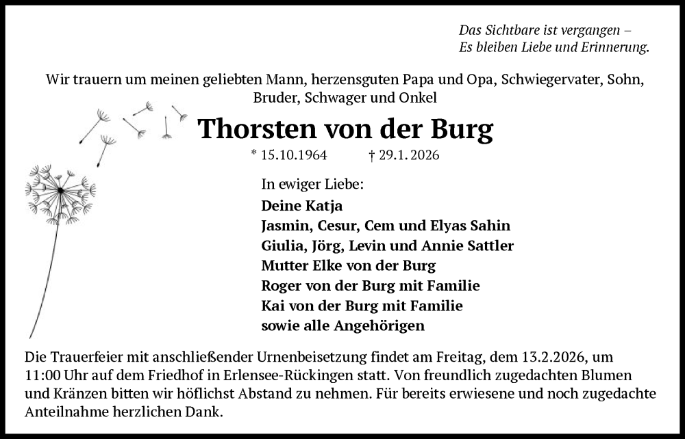  Traueranzeige für Thorsten von der Burg vom 07.02.2026 aus OFHA