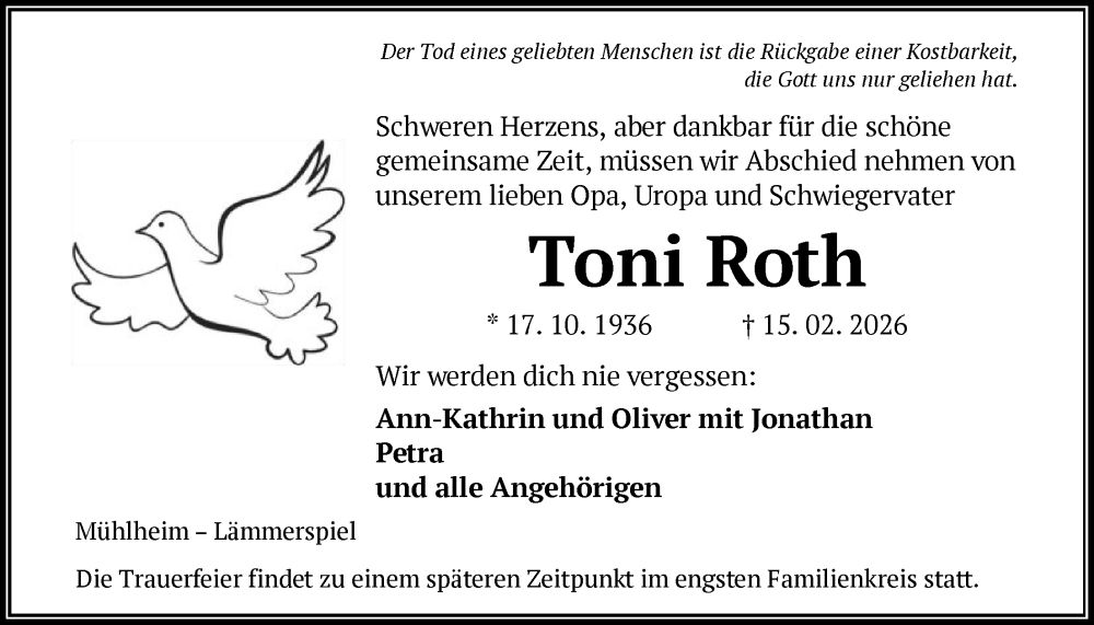  Traueranzeige für Toni Roth vom 28.02.2026 aus OFOP