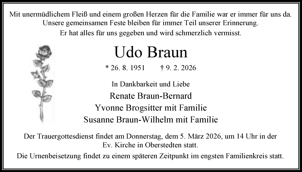  Traueranzeige für Udo Braun vom 28.02.2026 aus FNP