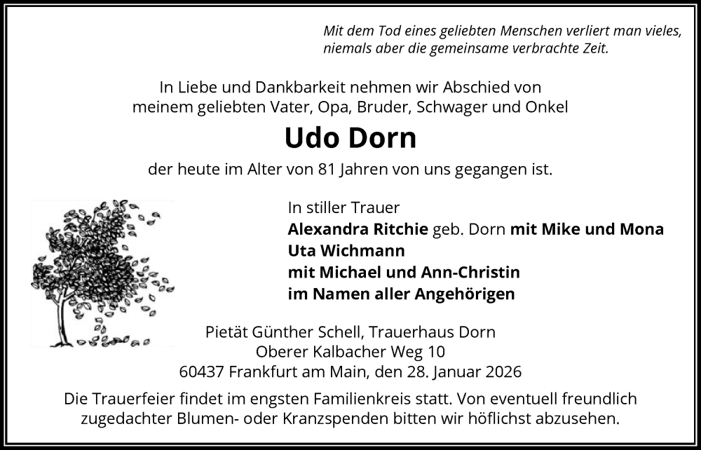  Traueranzeige für Udo Dorn vom 07.02.2026 aus FNP