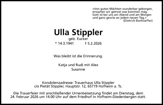 Traueranzeige von Ulla Stippler von FNP