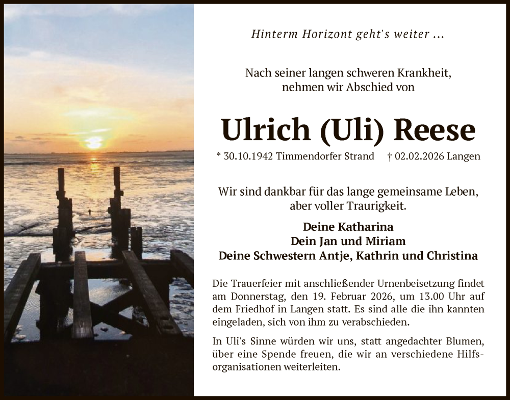  Traueranzeige für Ulrich Reese vom 14.02.2026 aus OFOP