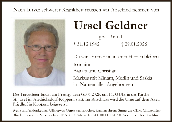 Traueranzeige von Ursel Geldner von FNP