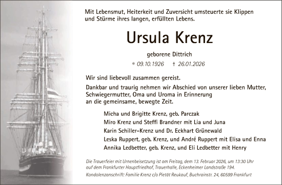 Traueranzeige von Ursula Krenz von FNP